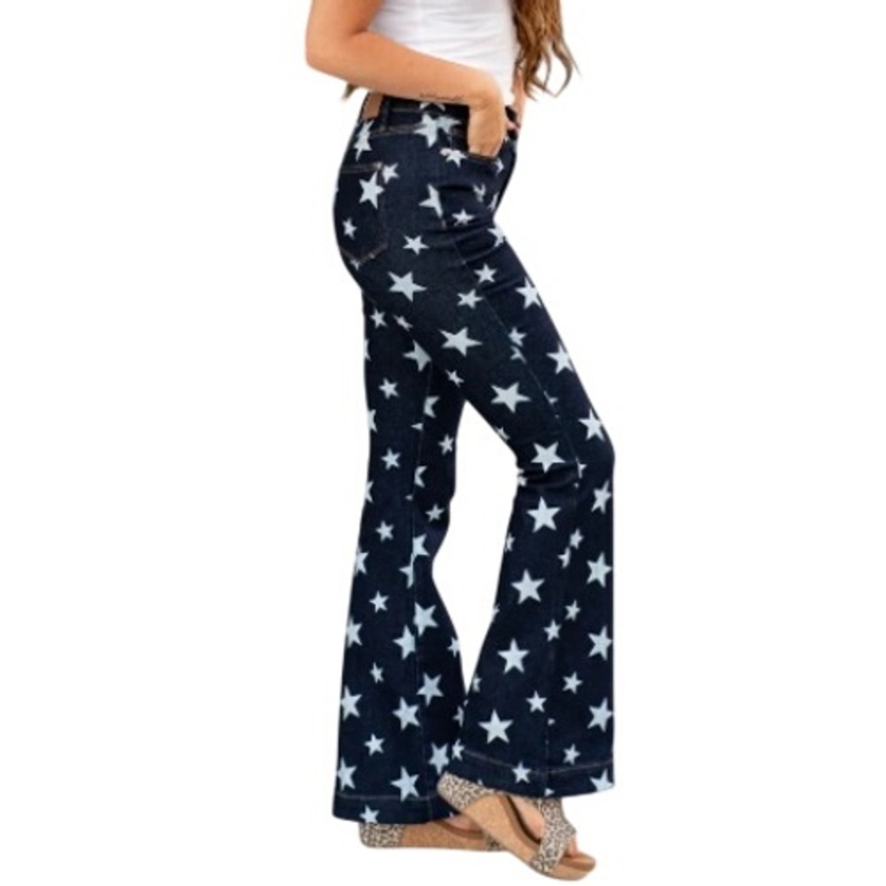 Judy Blue Womens 28 Stars All Over Printed Flare Dark Wash Jeans NWT